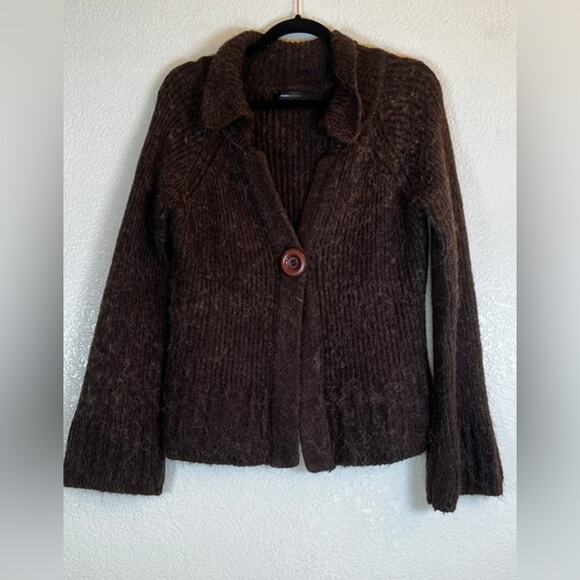 BCBG MAXAZRIA Cardigan Sweater Brown Chunky Knit Bell Sleeves Alpaca Blend Sz L - Picture 1 of 8